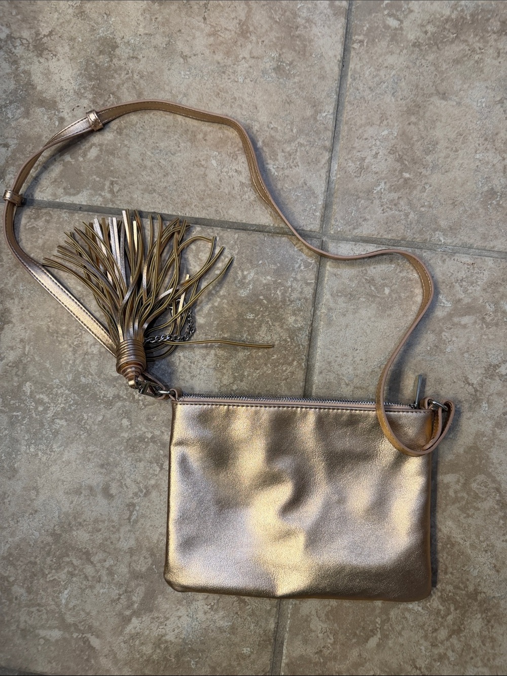 Express Metallic Gold Crossbody with Tassel Accent